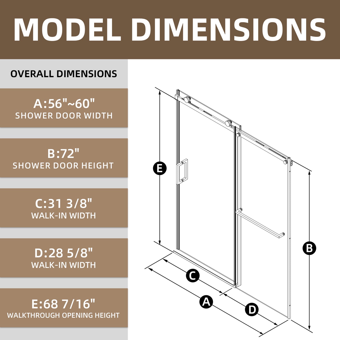 56-60" x 72" Single Sliding Shower Door with Tempered Glass Durable & Waterproof Perfect for Bathrooms