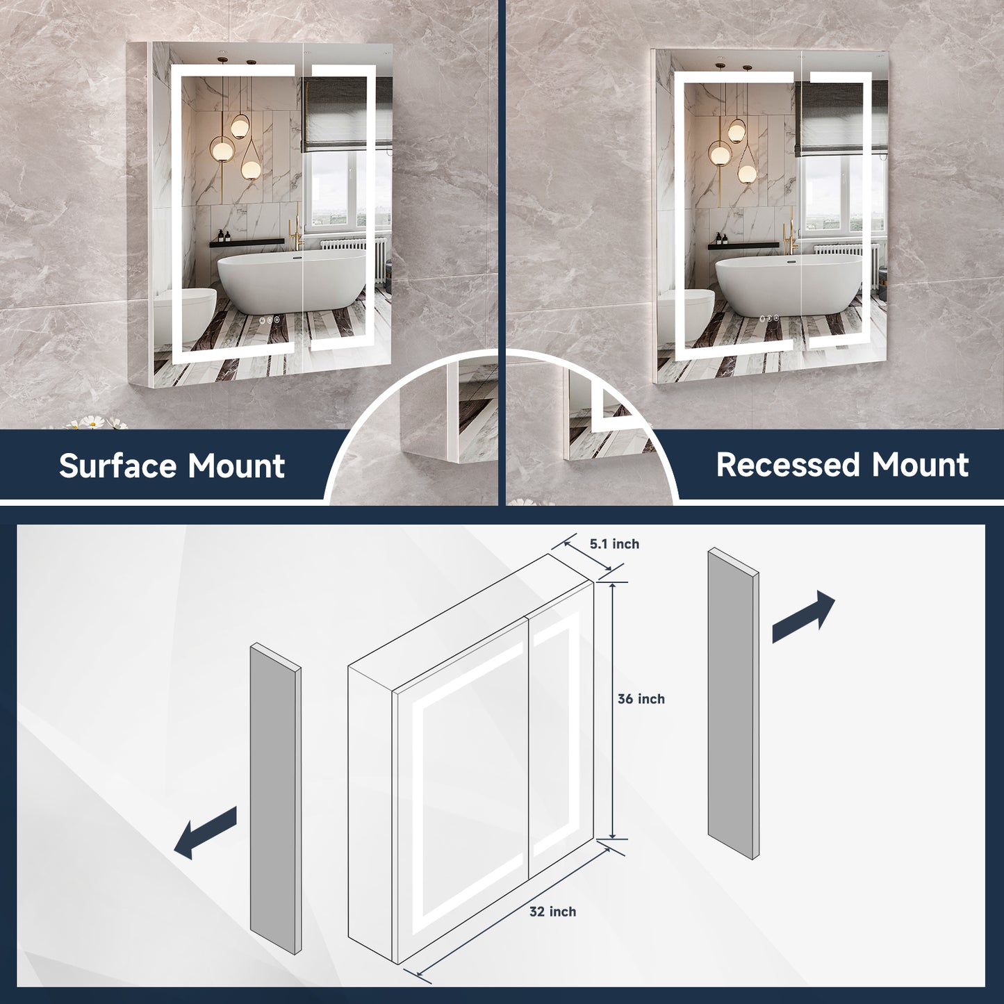 Lighted Mirror Medicine Cabinet 32"X36", Anti-Fog 3 Colors Dimmable LED, Built-in Outlets and USB Ports