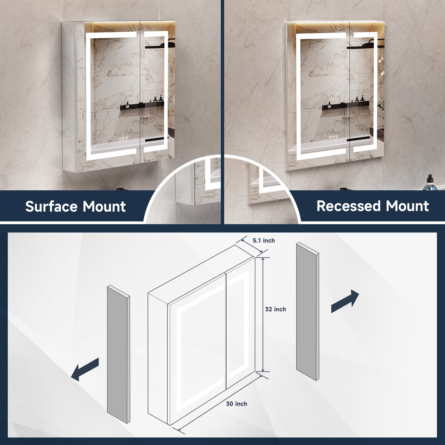 Lighted Mirror Medicine Cabinet 30"X32", Anti-Fog 3 Colors Dimmable LED, Built-in Outlets and USB Ports