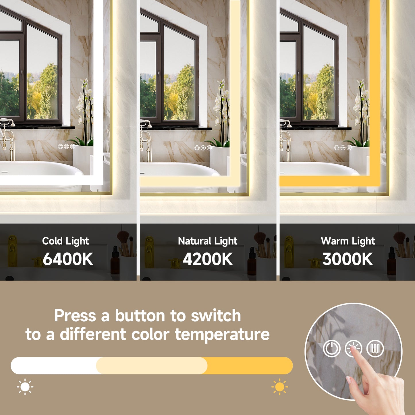 Gold Frame LED Lighted Bathroom Mirror 72"x36", Anti-Fog, Memory Function, 3 Colors Dimmable