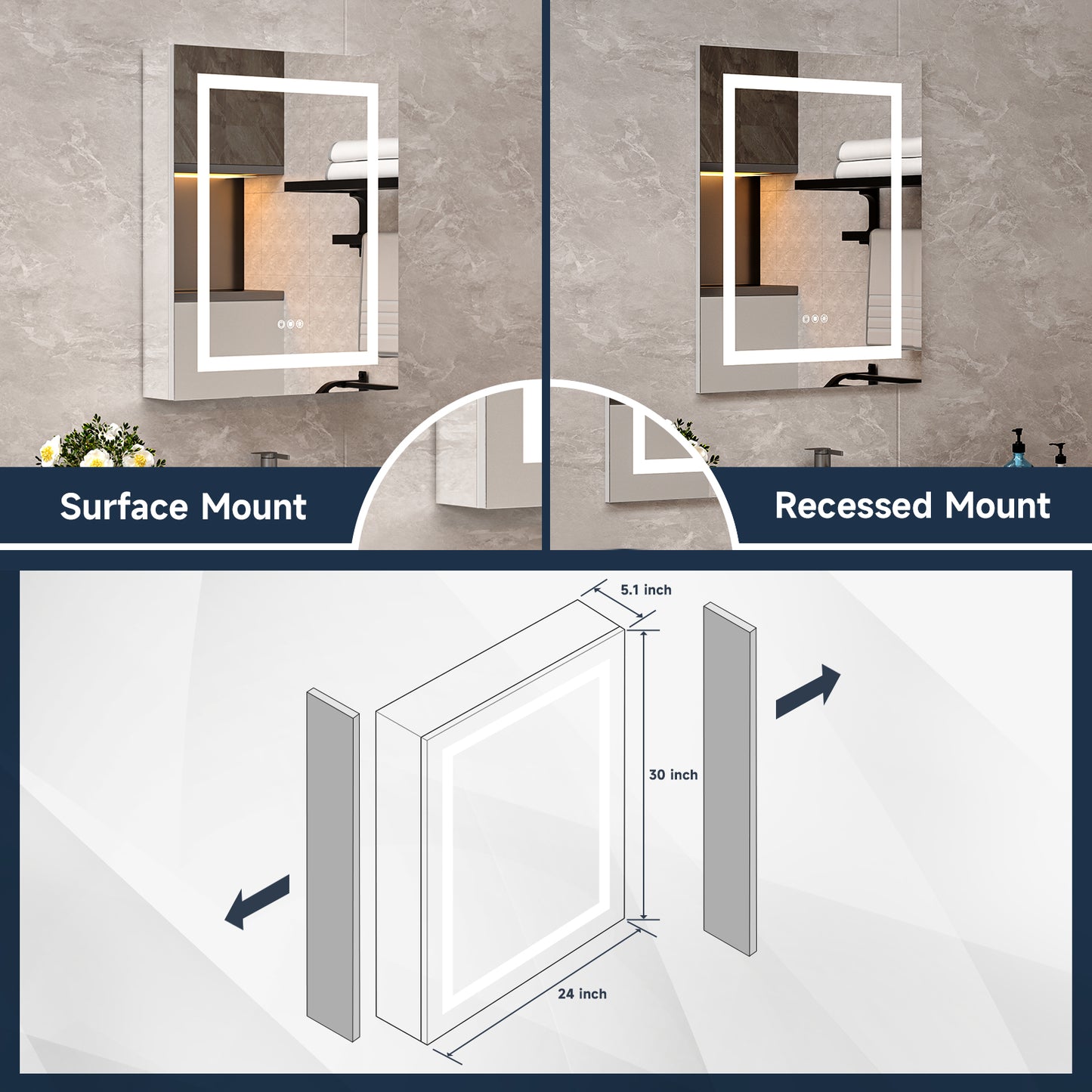 Lighted Mirror Medicine Cabinet 24"X30", Anti-Fog 3 Colors Dimmable LED, Built-in Outlets and USB Ports