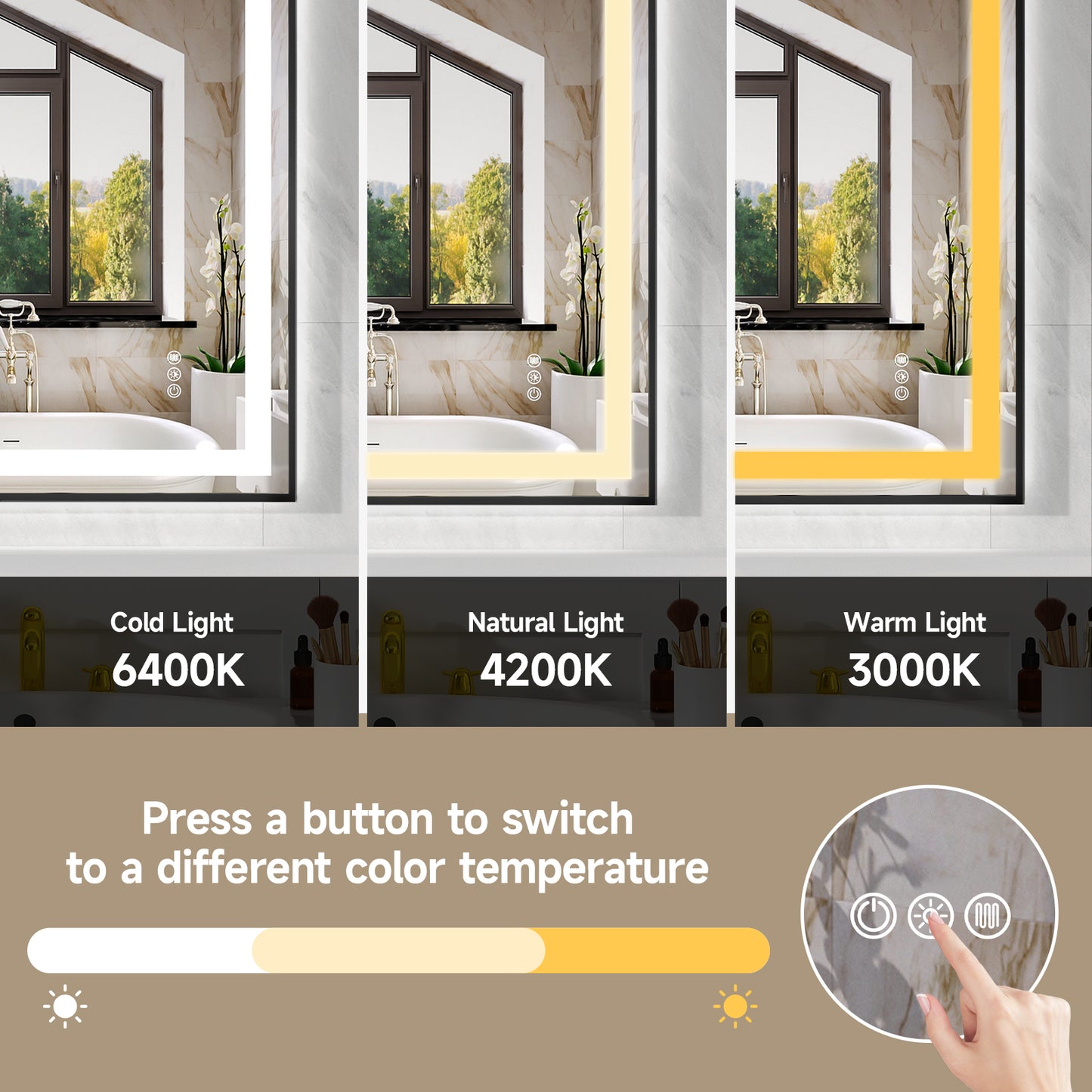 Black Frame LED Lighted Bathroom Mirror 60"x36", Anti-Fog, Memory Function, 3 Colors Dimmable