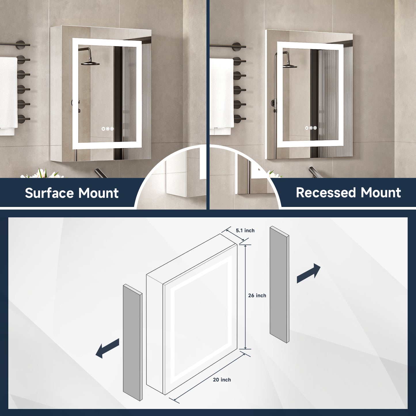 Lighted Mirror Medicine Cabinet 20"X26", Anti-Fog 3 Colors Dimmable LED, Built-in Outlets and USB Ports