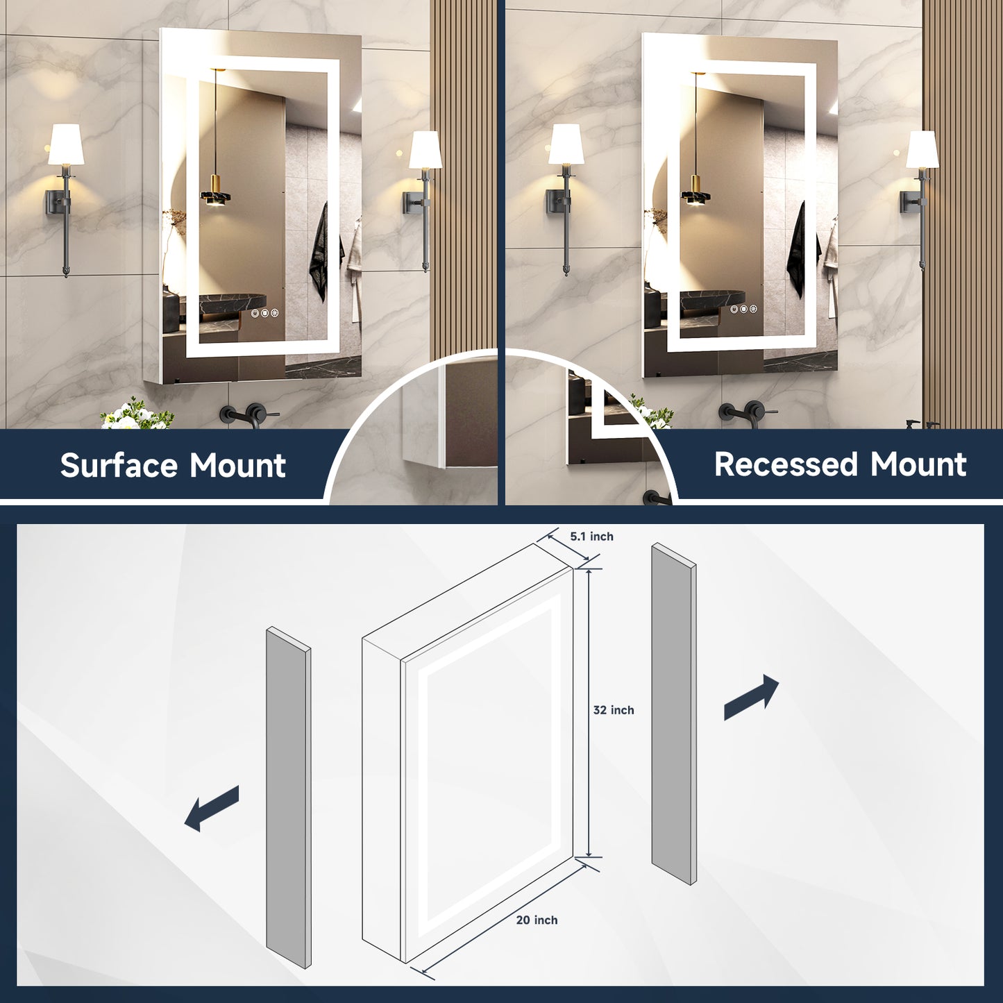 Lighted Mirror Medicine Cabinet 20"X32", Anti-Fog 3 Colors Dimmable LED, Built-in Outlets and USB Ports