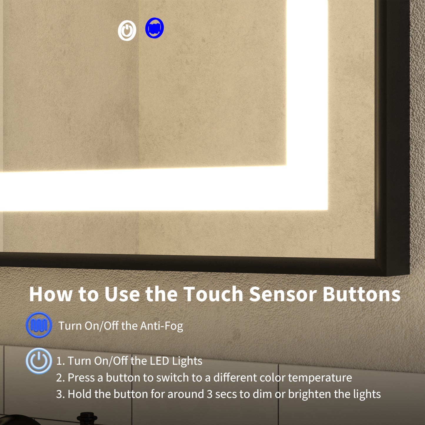 60"x40" LED Bathroom Mirror with Black Frame, Anti-Fog Memory Setting, 3 Colors Dimmable Lighted Bathroom Mirror Wall Mounted