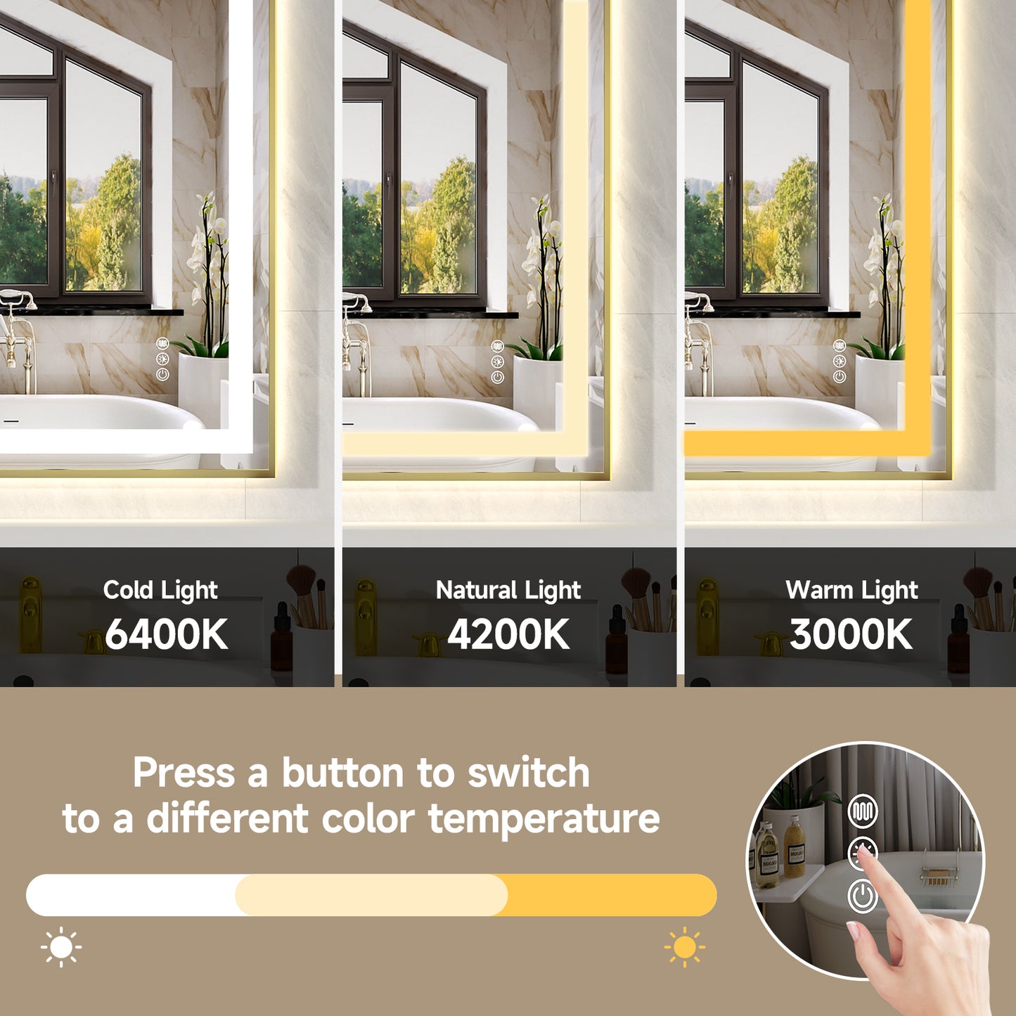 Gold Frame LED Lighted Bathroom Mirror 28"x36", Anti-Fog, Memory Function, 3 Colors Dimmable