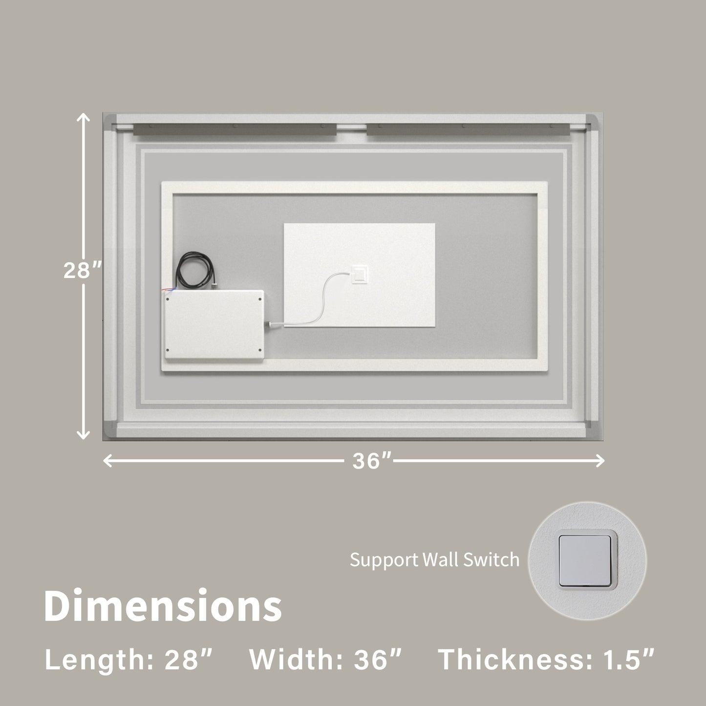 Wall Mounted LED Lighted Bathroom Mirror 28"x36", Anti-Fog, Memory Function, 3 Colors Dimmable