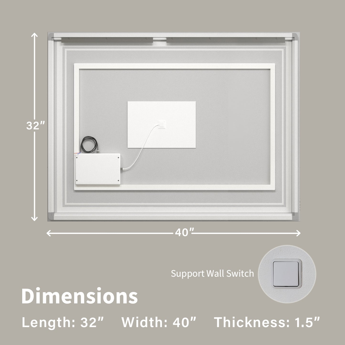 Wall Mounted LED Lighted Bathroom Mirror 40"x32", Anti-Fog, Memory Function, 3 Colors Dimmable