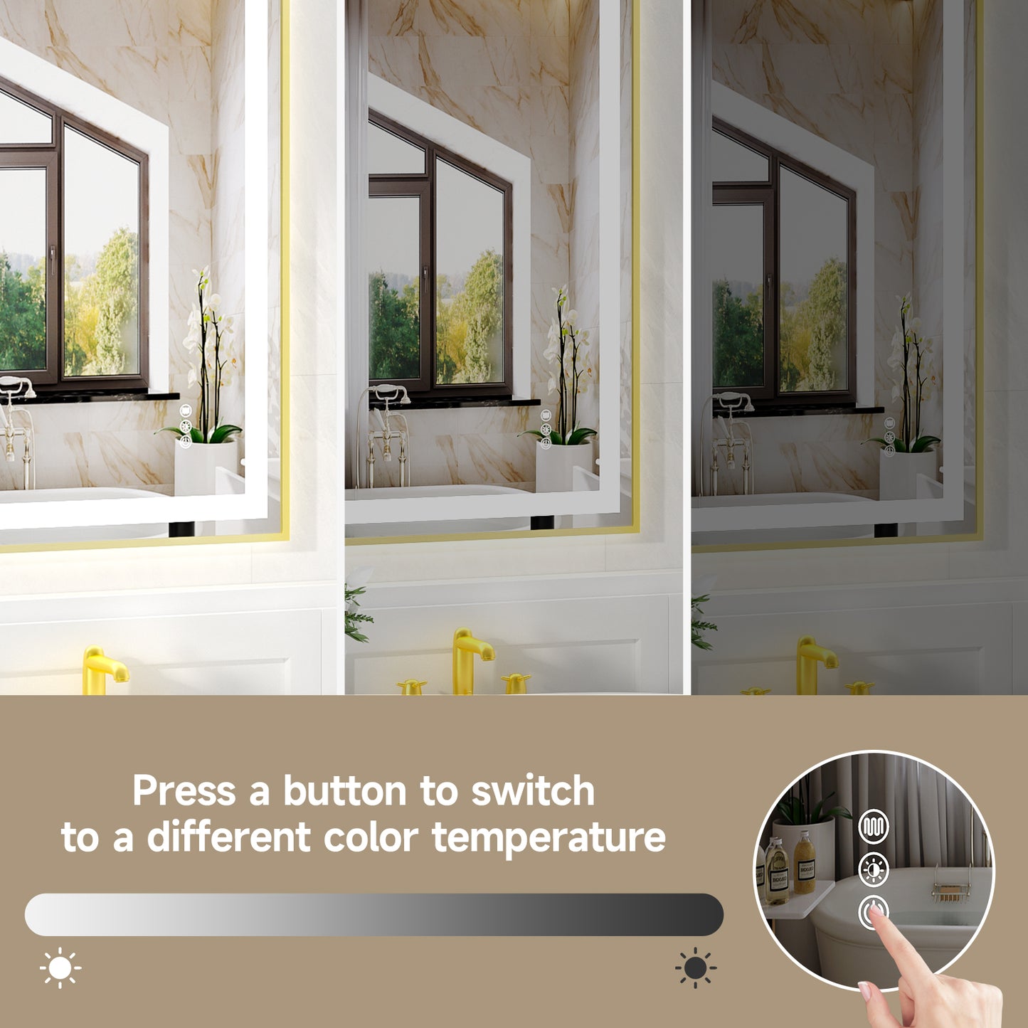 Gold Frame LED Lighted Bathroom Mirror 24"x32", Anti-Fog, Memory Function, 3 Colors Dimmable