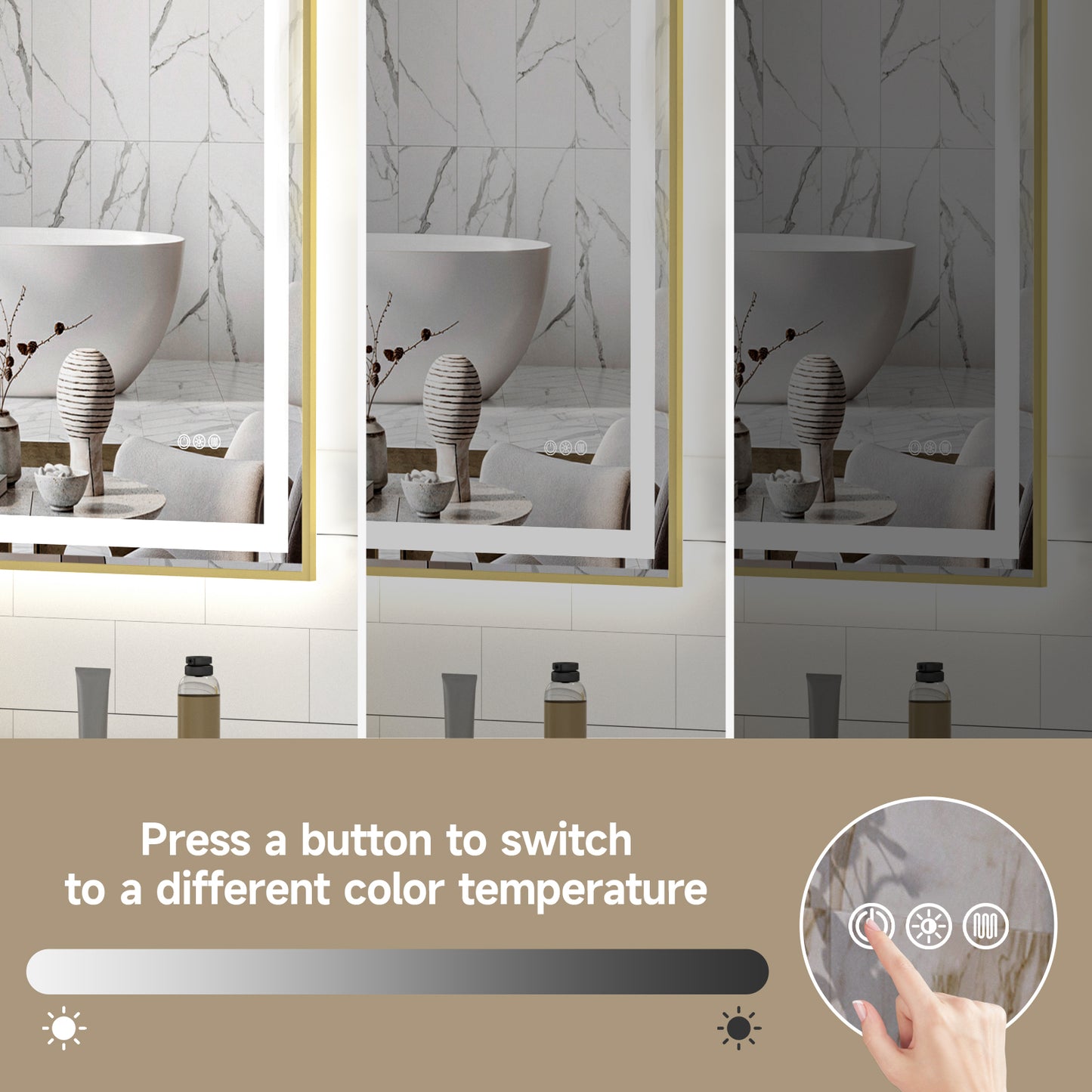 Gold Frame LED Lighted Bathroom Mirror 72"x36", Anti-Fog, Memory Function, 3 Colors Dimmable