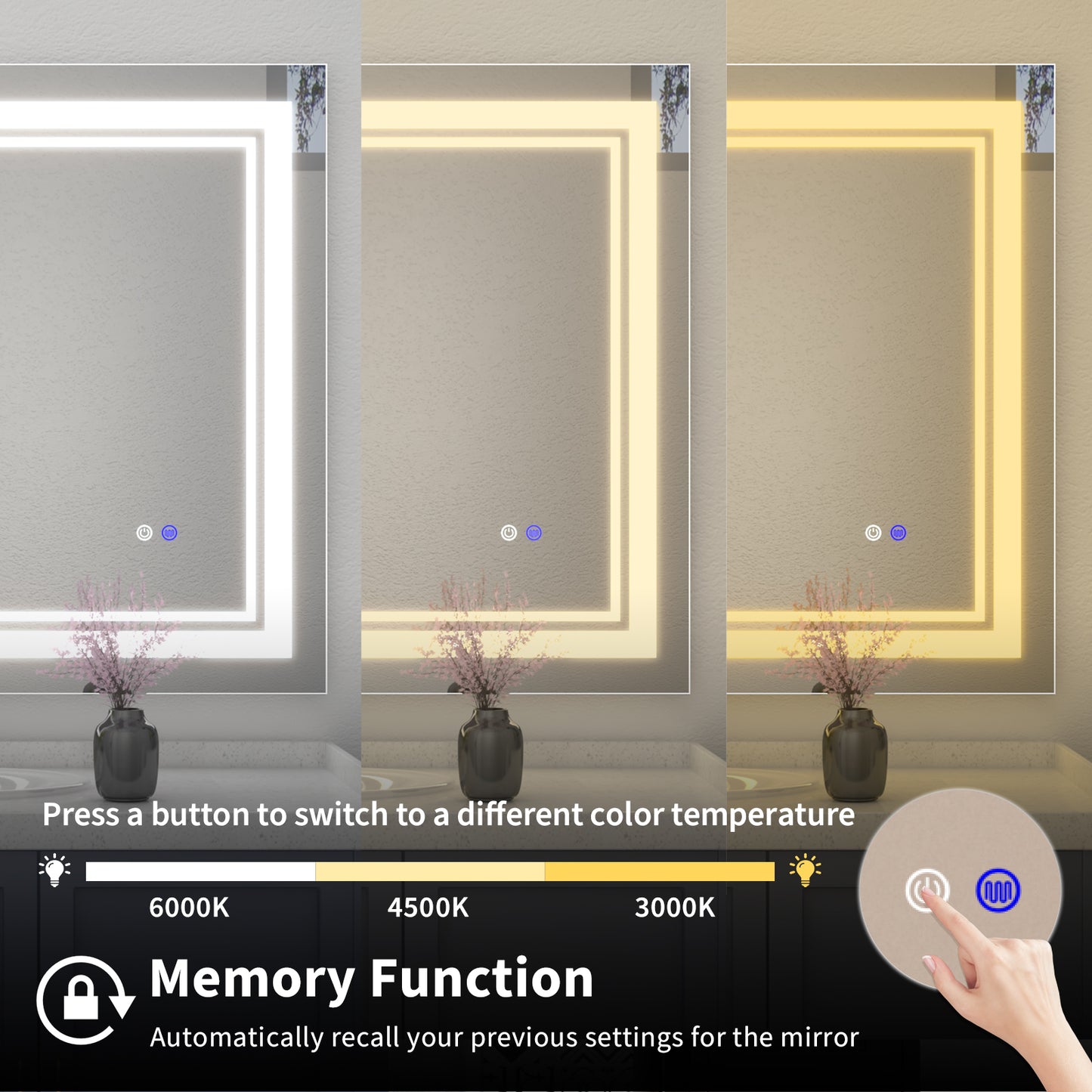 55"x36" LED Bathroom Mirror, Anti-Fog Memory Setting, 3 Colors Dimmable Lighted Bathroom Mirror Wall Mounted