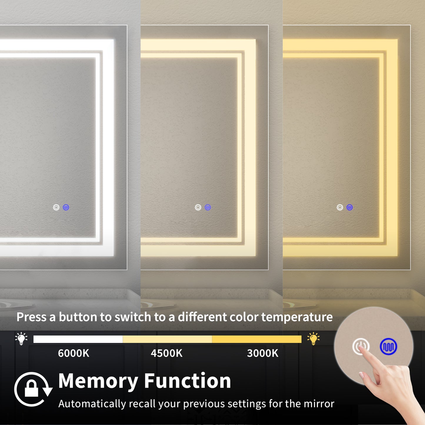 40"x32" LED Bathroom Mirror, Anti-Fog Memory Setting, 3 Colors Dimmable Lighted Bathroom Mirror Wall Mounted