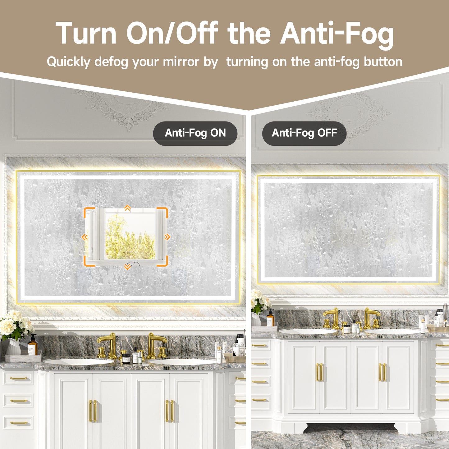 Gold Frame LED Lighted Bathroom Mirror 60"x36", Anti-Fog, Memory Function, 3 Colors Dimmable