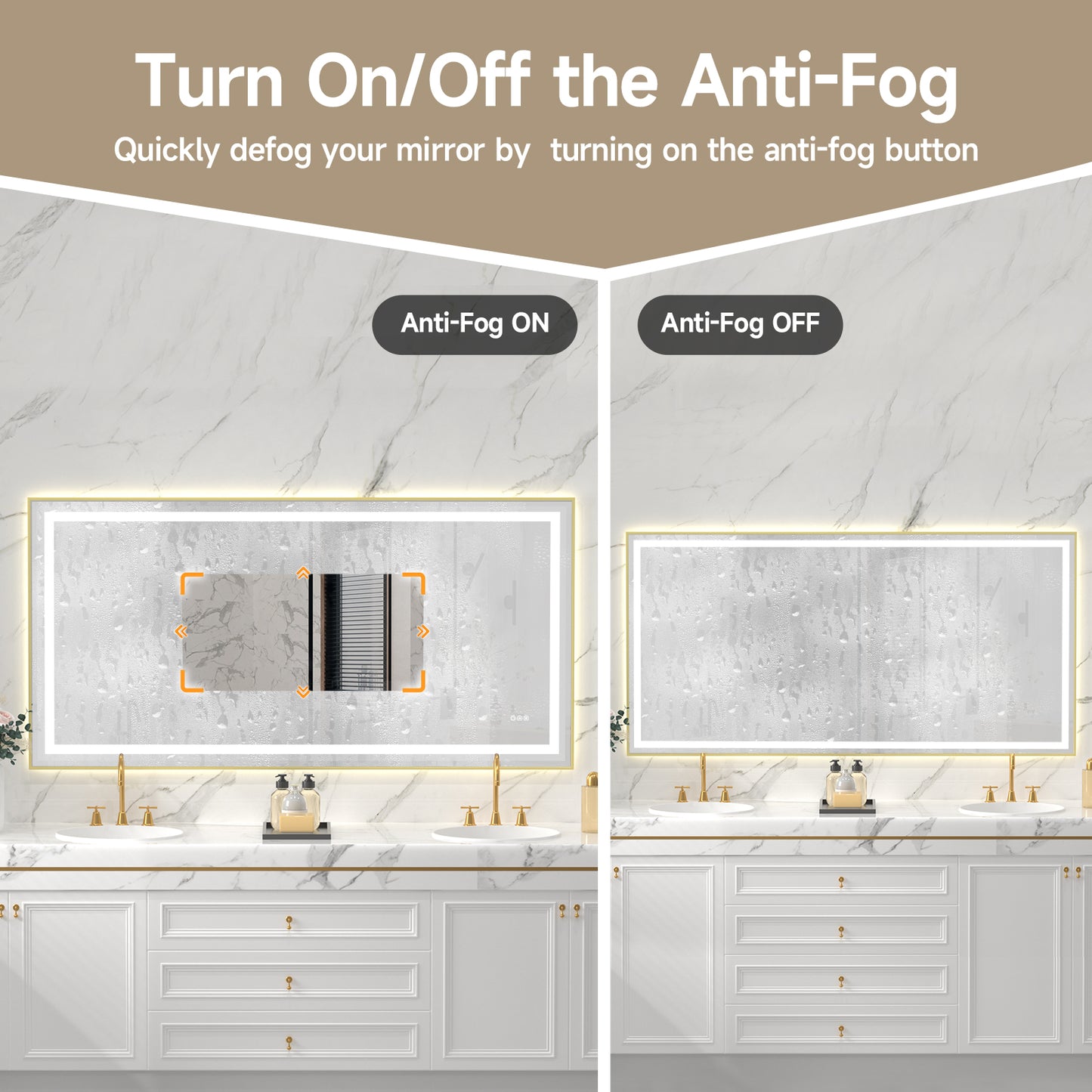 Gold Frame LED Lighted Bathroom Mirror 72"x36", Anti-Fog, Memory Function, 3 Colors Dimmable