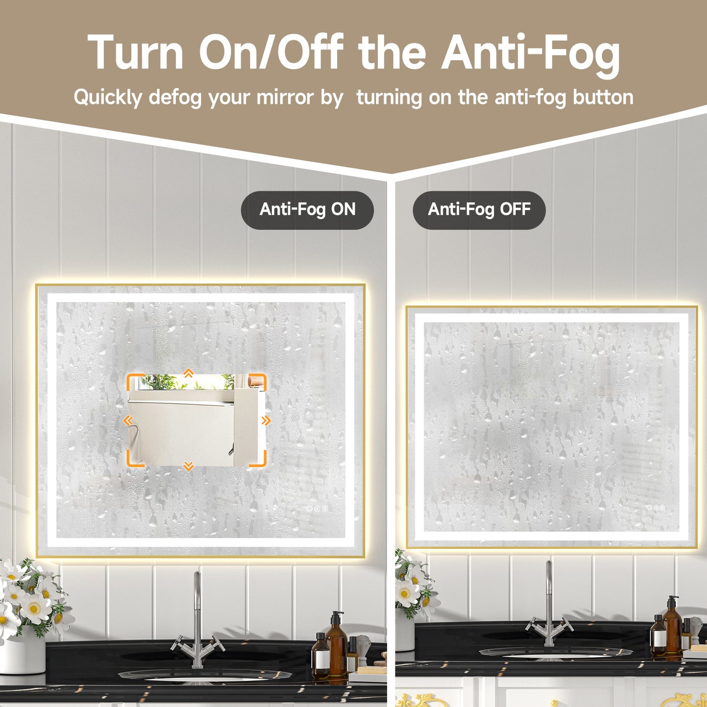 Gold Frame LED Lighted Bathroom Mirror 48"x40", Anti-Fog, Memory Function, 3 Colors Dimmable