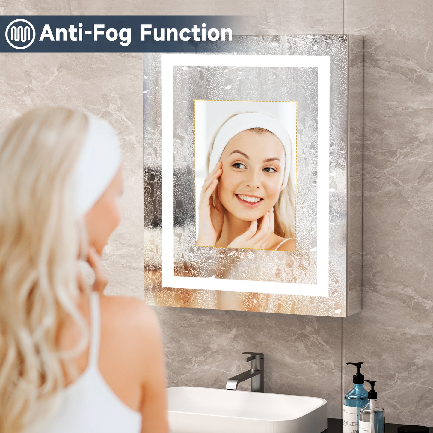 Lighted Mirror Medicine Cabinet 24"X30", Anti-Fog 3 Colors Dimmable LED, Built-in Outlets and USB Ports