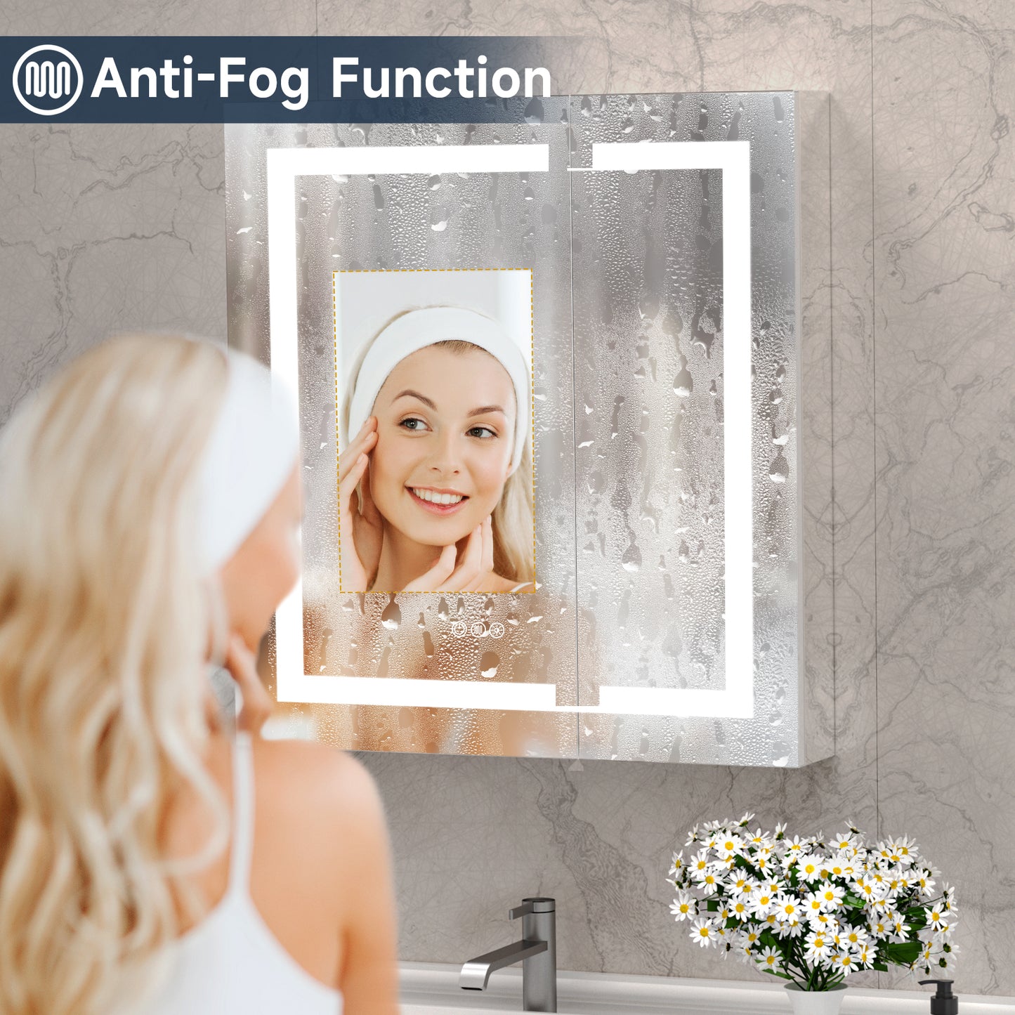 Lighted Mirror Medicine Cabinet 30"X32", Anti-Fog 3 Colors Dimmable LED, Built-in Outlets and USB Ports