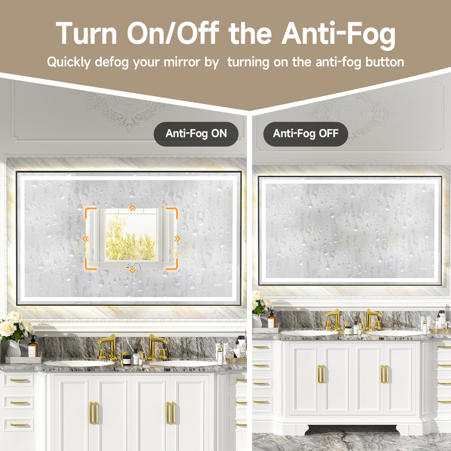 Black Frame LED Lighted Bathroom Mirror 60"x36", Anti-Fog, Memory Function, 3 Colors Dimmable