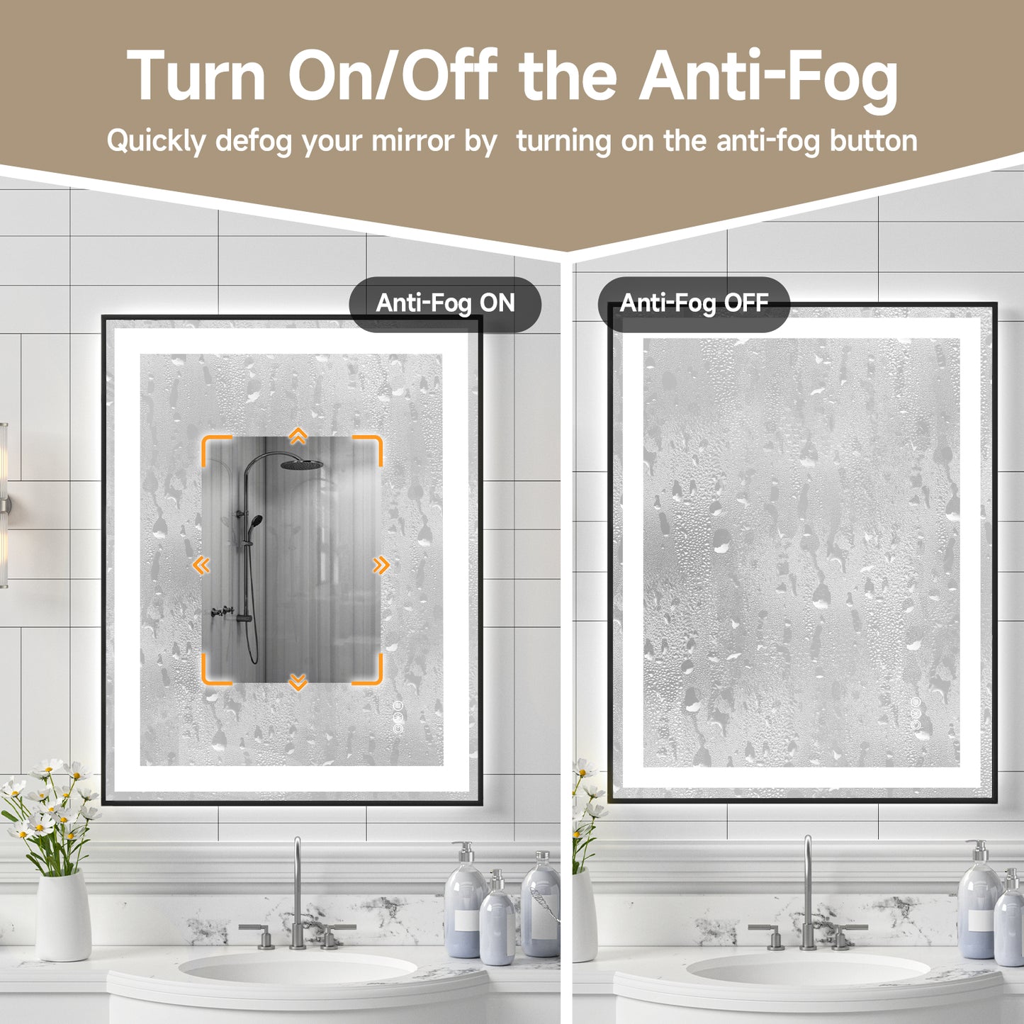 Black Frame LED Lighted Bathroom Mirror 28"x36", Anti-Fog, Memory Function, 3 Colors Dimmable