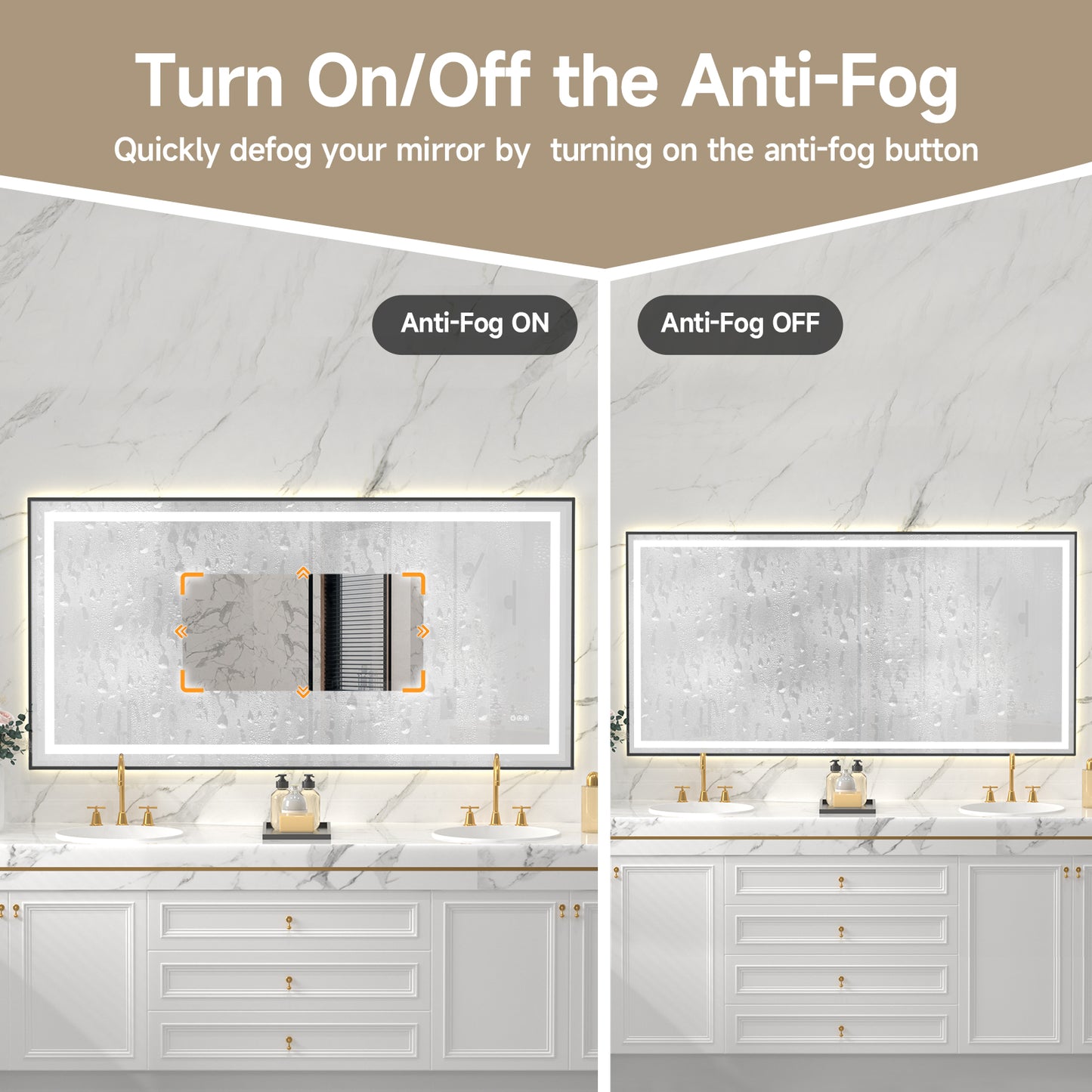 Black Frame LED Lighted Bathroom Mirror 72"x36", Anti-Fog, Memory Function, 3 Colors Dimmable