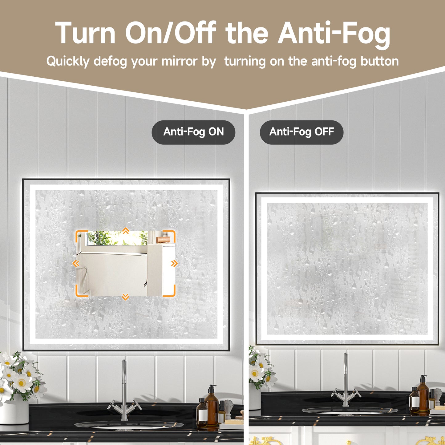 Black Frame LED Lighted Bathroom Mirror 48"x40", Anti-Fog, Memory Function, 3 Colors Dimmable