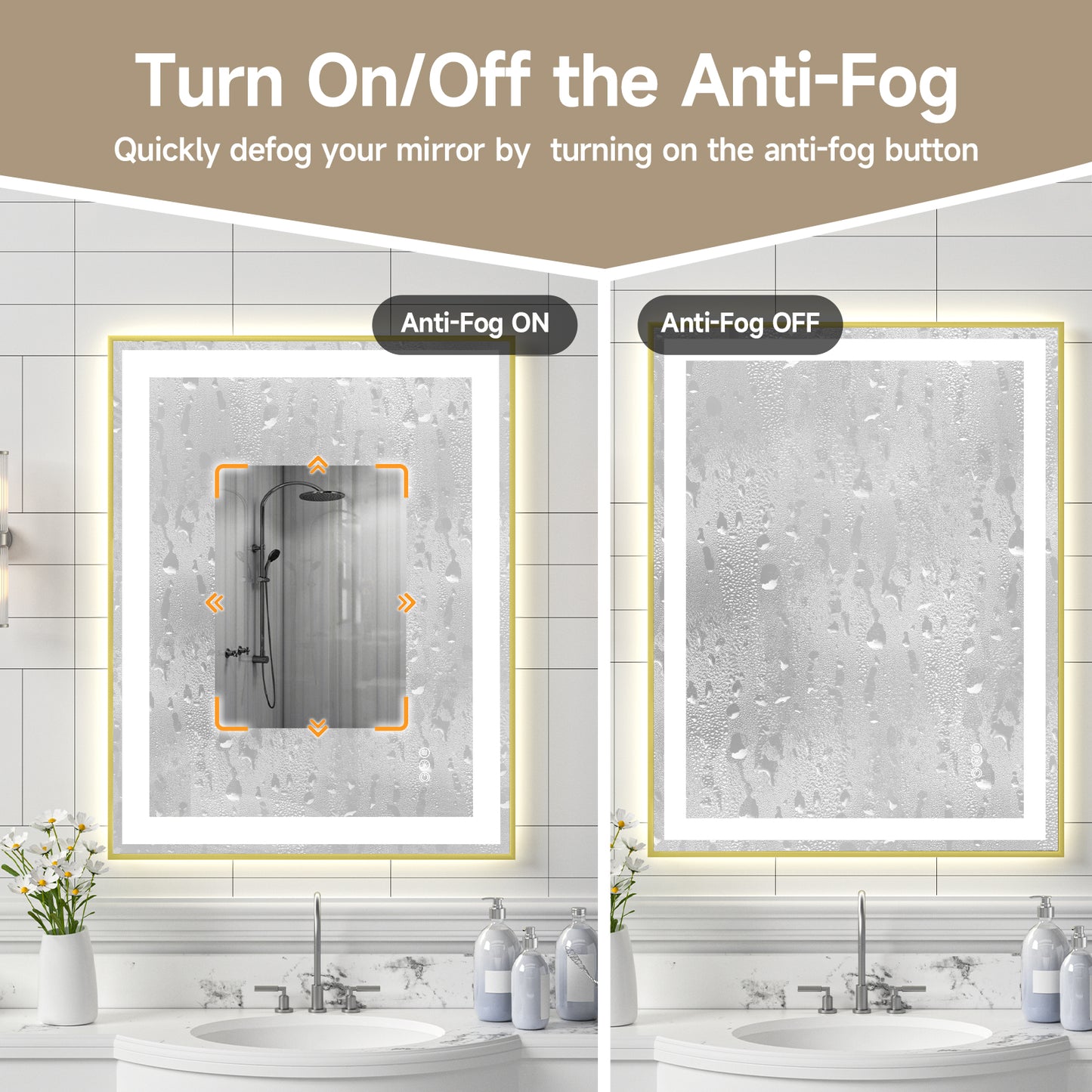 Gold Frame LED Lighted Bathroom Mirror 28"x36", Anti-Fog, Memory Function, 3 Colors Dimmable