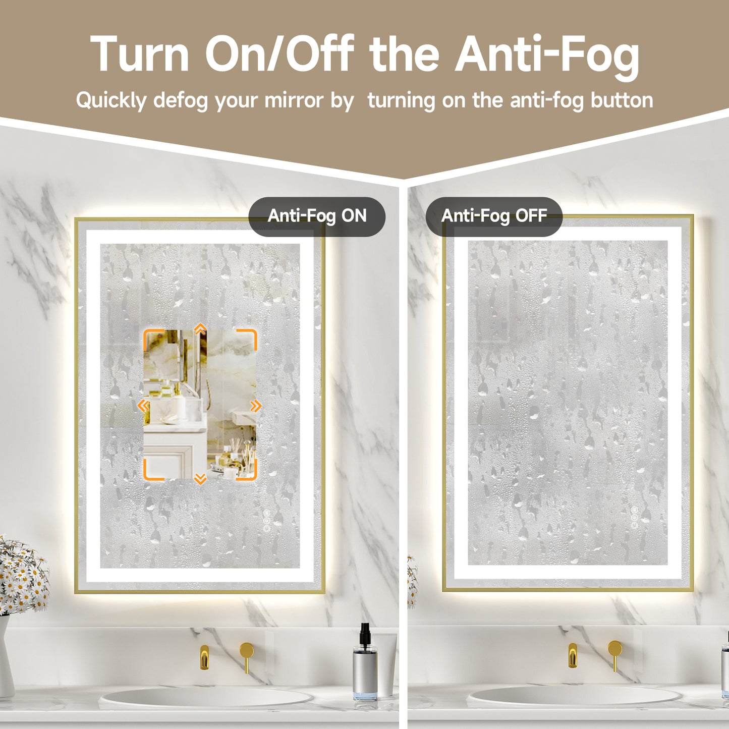 Gold Frame LED Lighted Bathroom Mirror 24"x36", Anti-Fog, Memory Function, 3 Colors Dimmable