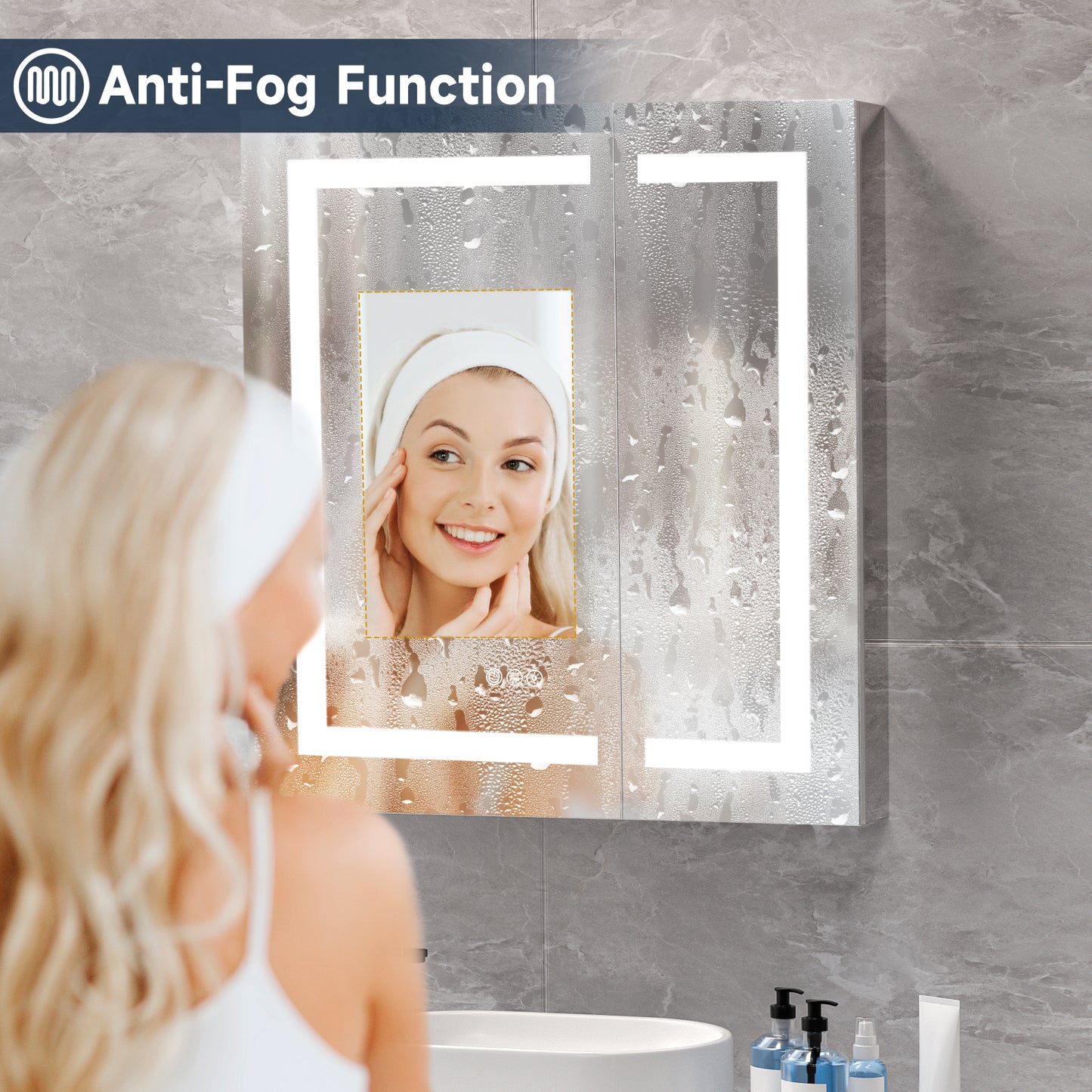 Lighted Mirror Medicine Cabinet 32"X36", Anti-Fog 3 Colors Dimmable LED, Built-in Outlets and USB Ports