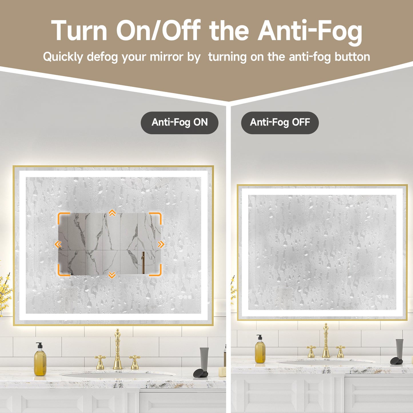 Gold Frame LED Lighted Bathroom Mirror 40"x32", Anti-Fog, Memory Function, 3 Colors Dimmable