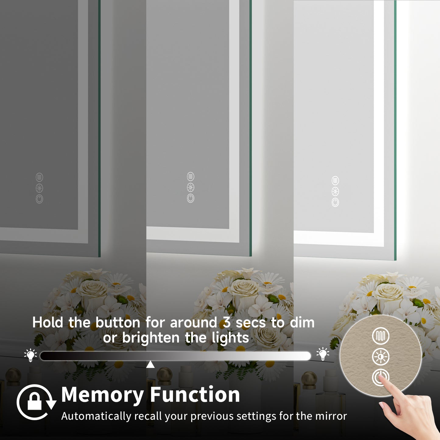 Wall Mounted LED Lighted Bathroom Mirror 55"x30", Anti-Fog, Memory Function, 3 Colors Dimmable