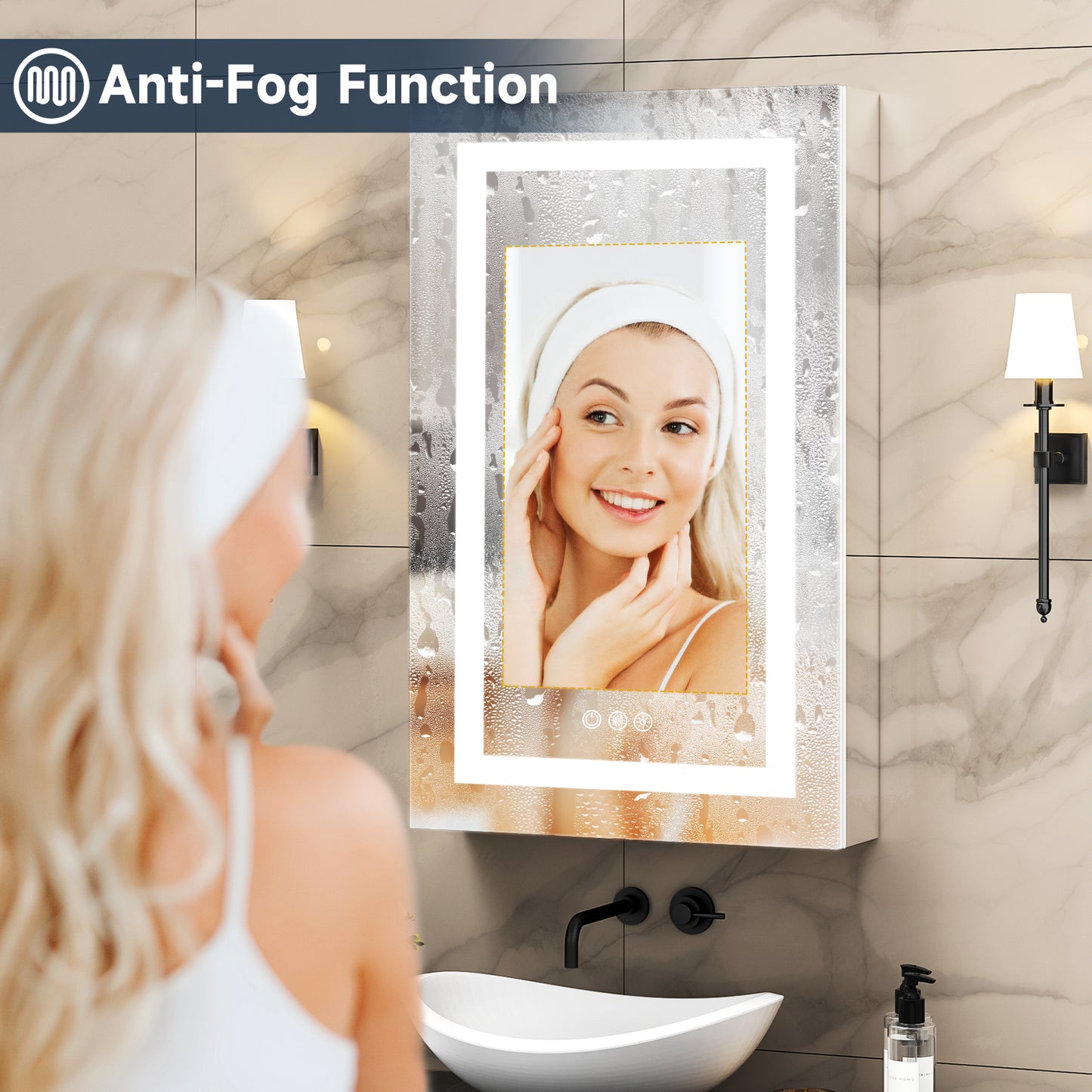 Lighted Mirror Medicine Cabinet 20"X32", Anti-Fog 3 Colors Dimmable LED, Built-in Outlets and USB Ports