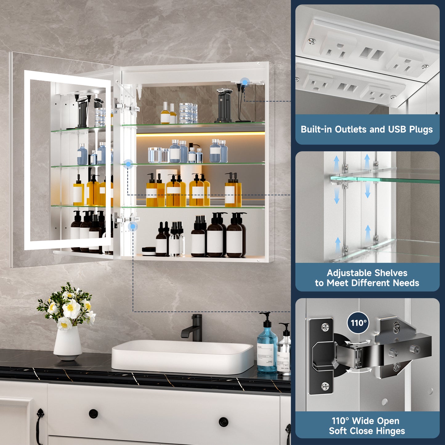 Lighted Mirror Medicine Cabinet 24"X30", Anti-Fog 3 Colors Dimmable LED, Built-in Outlets and USB Ports