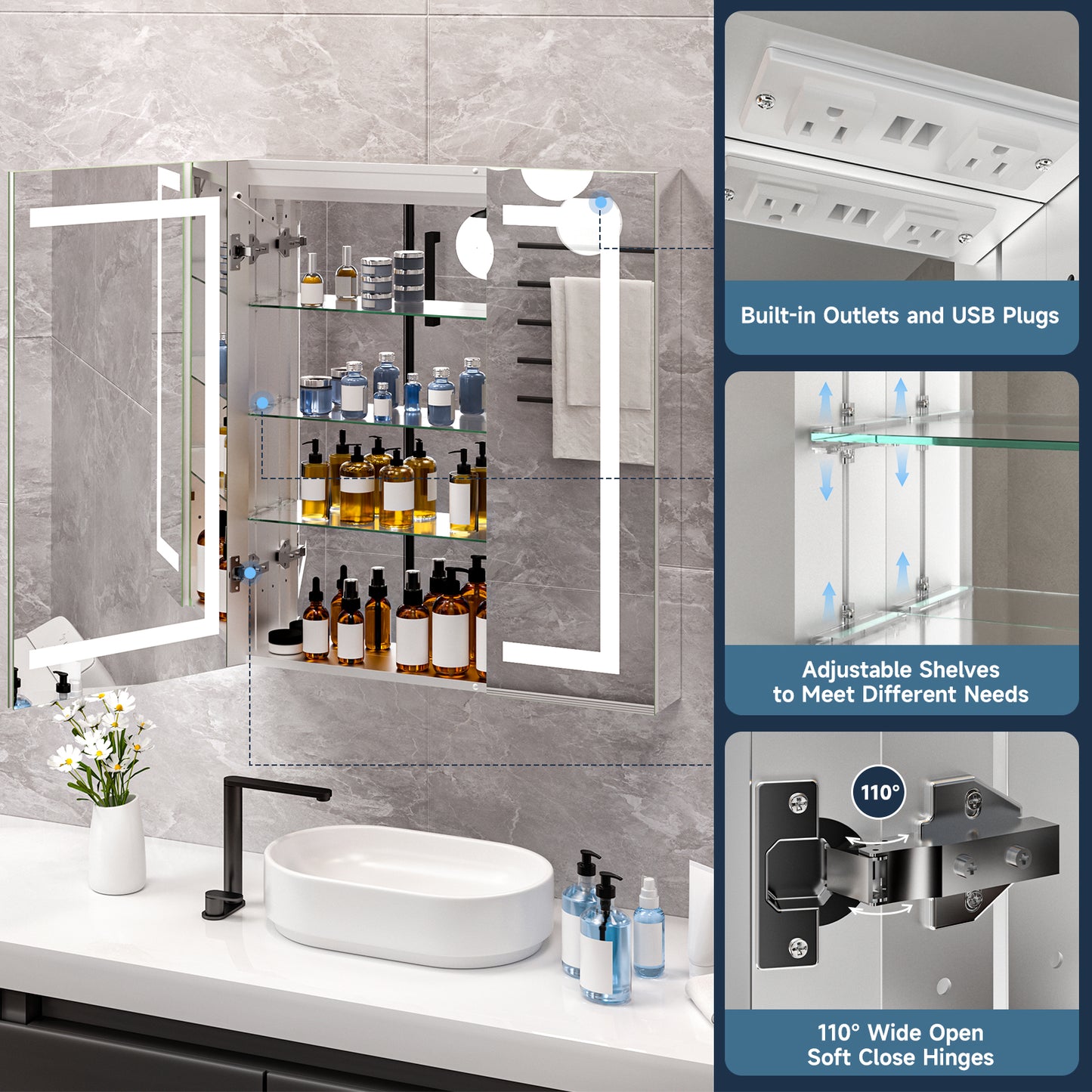 Lighted Mirror Medicine Cabinet 32"X36", Anti-Fog 3 Colors Dimmable LED, Built-in Outlets and USB Ports
