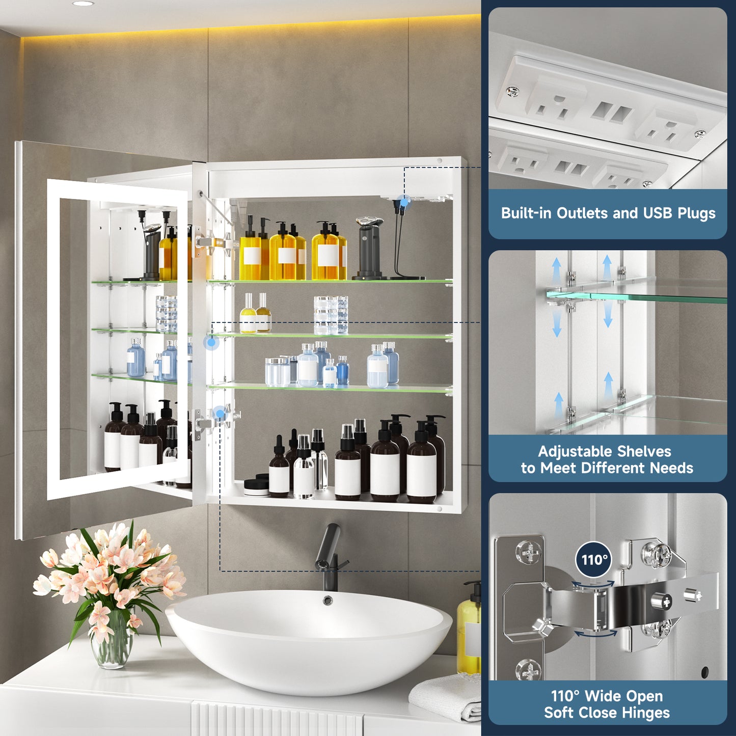 Lighted Mirror Medicine Cabinet 20"X26", Anti-Fog 3 Colors Dimmable LED, Built-in Outlets and USB Ports