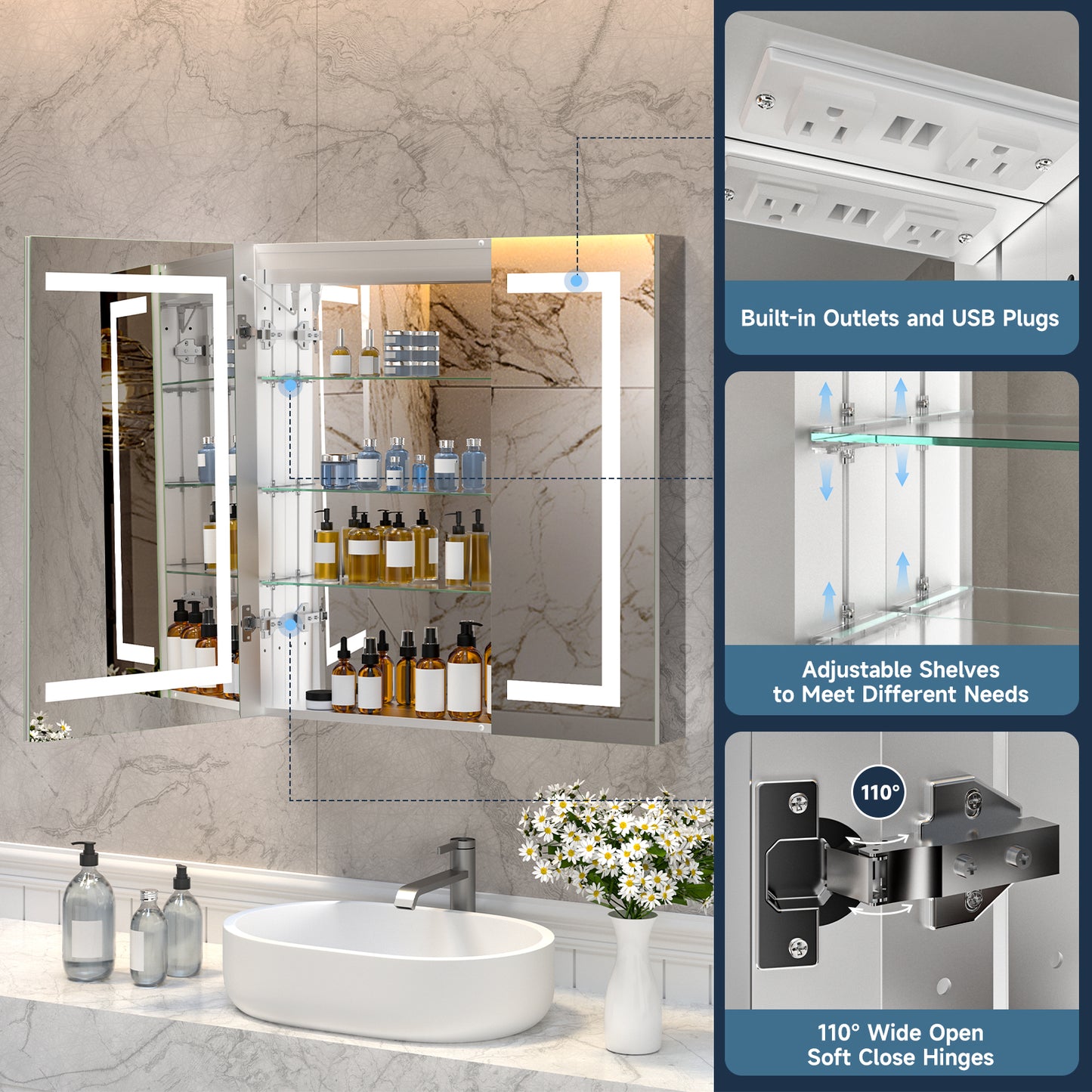 Lighted Mirror Medicine Cabinet 30"X32", Anti-Fog 3 Colors Dimmable LED, Built-in Outlets and USB Ports