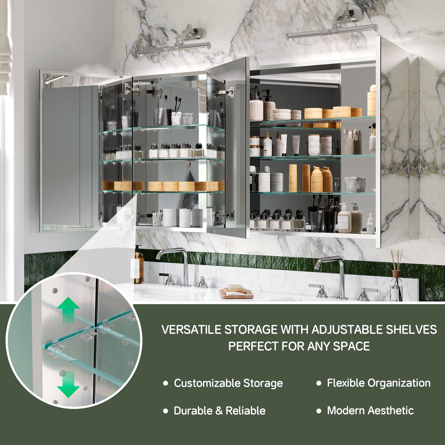 Triple Door Premium Medicine Cabinet with Mirror – 60" x 30", Surface or Recessed Mount