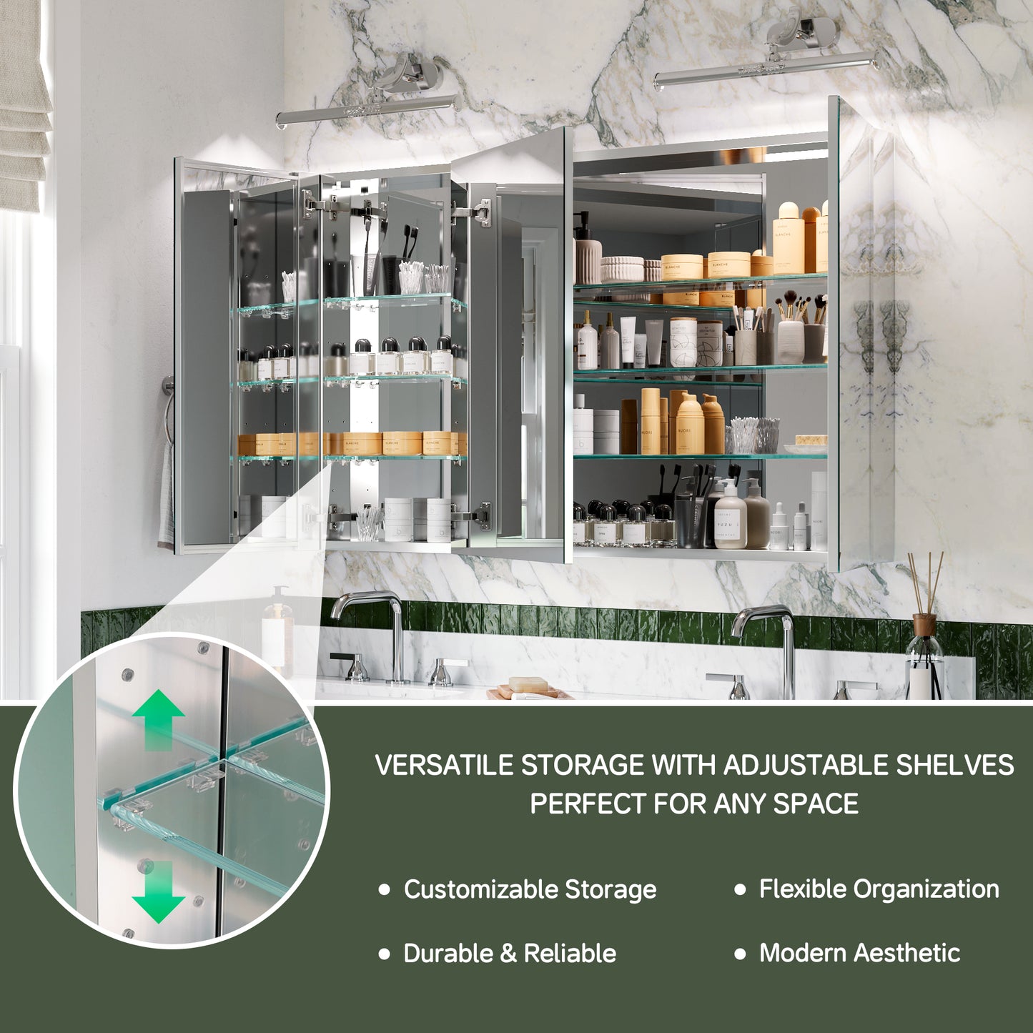 Triple Door Premium Medicine Cabinet with Mirror – 48" x 30", Surface or Recessed Mount