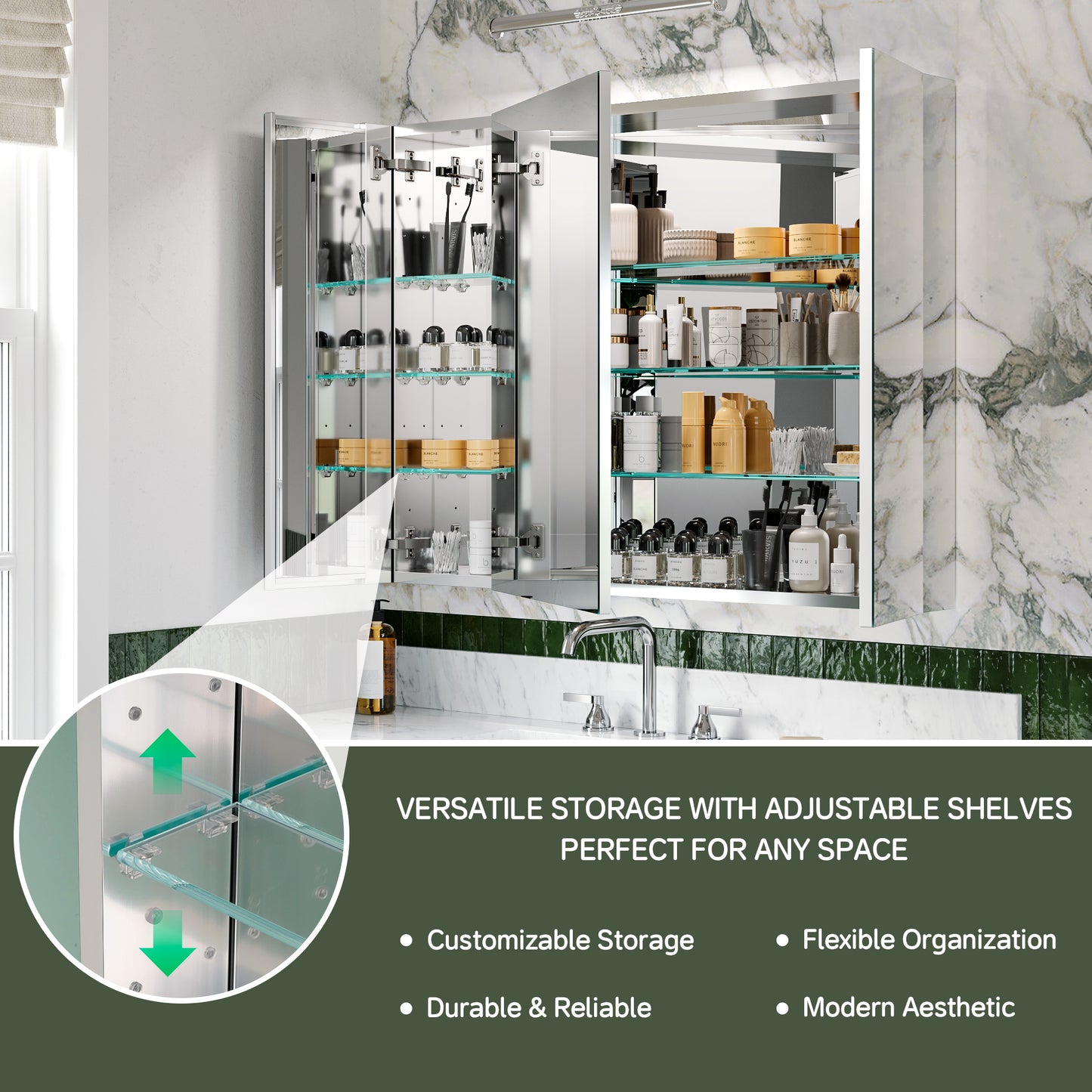 Triple Door Premium Medicine Cabinet with Mirror – 40" x 30", Surface or Recessed Mount