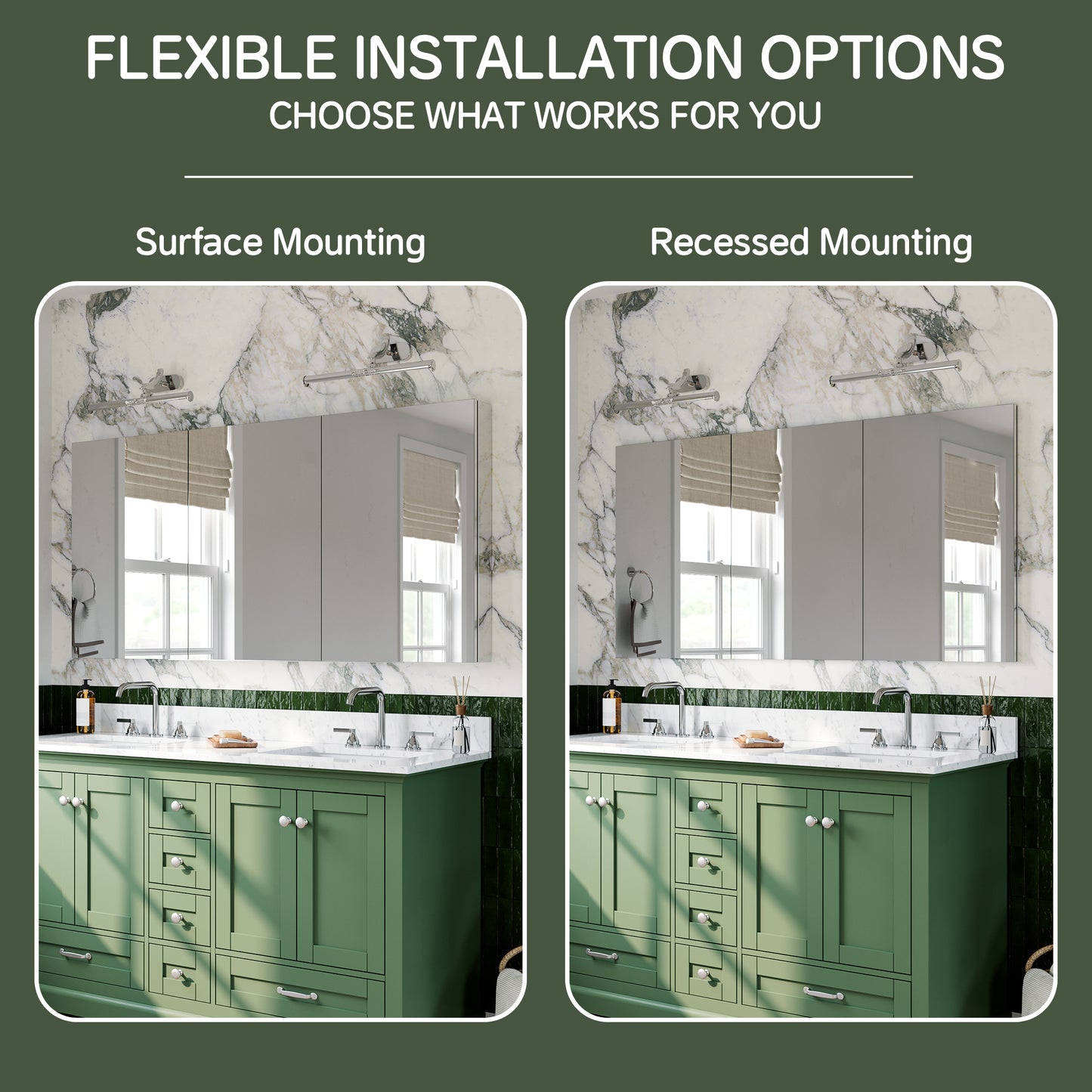 Triple Door Premium Medicine Cabinet with Mirror – 60" x 30", Surface or Recessed Mount