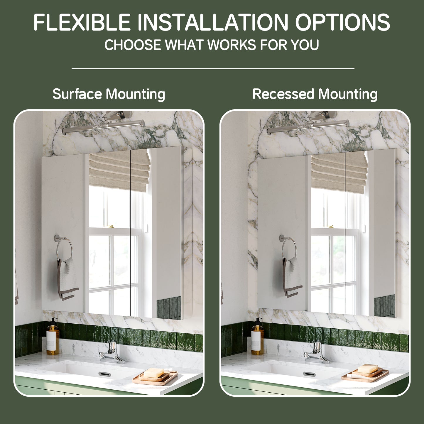 Double Door Premium Medicine Cabinet with Mirror – 30" x 30", Surface or Recessed Mount