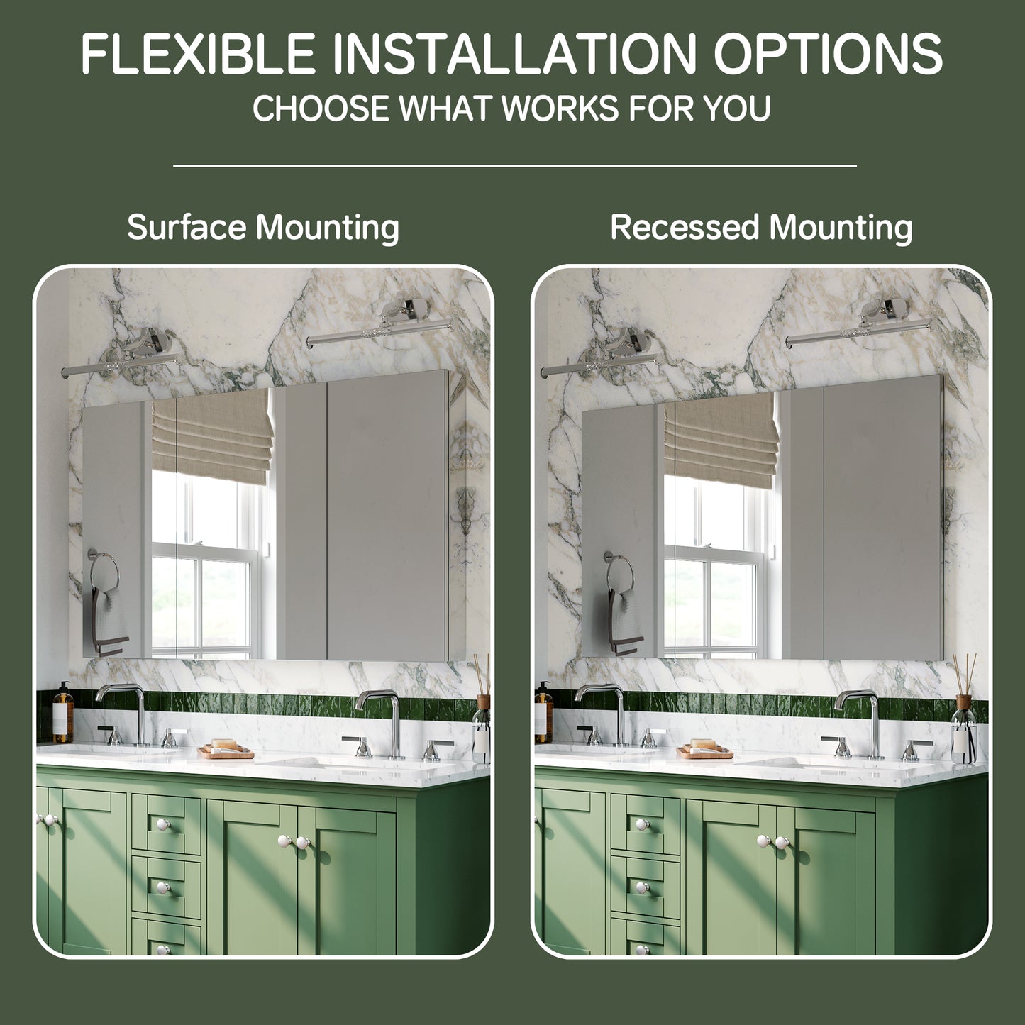 Triple Door Premium Medicine Cabinet with Mirror – 48" x 30", Surface or Recessed Mount