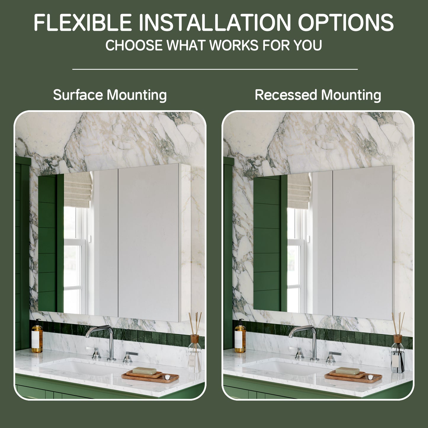 Double Door Premium Medicine Cabinet with Mirror – 36" x 30", Surface or Recessed Mount