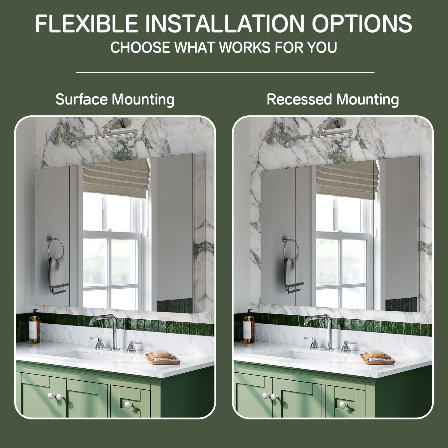 Triple Door Premium Medicine Cabinet with Mirror – 40" x 30", Surface or Recessed Mount