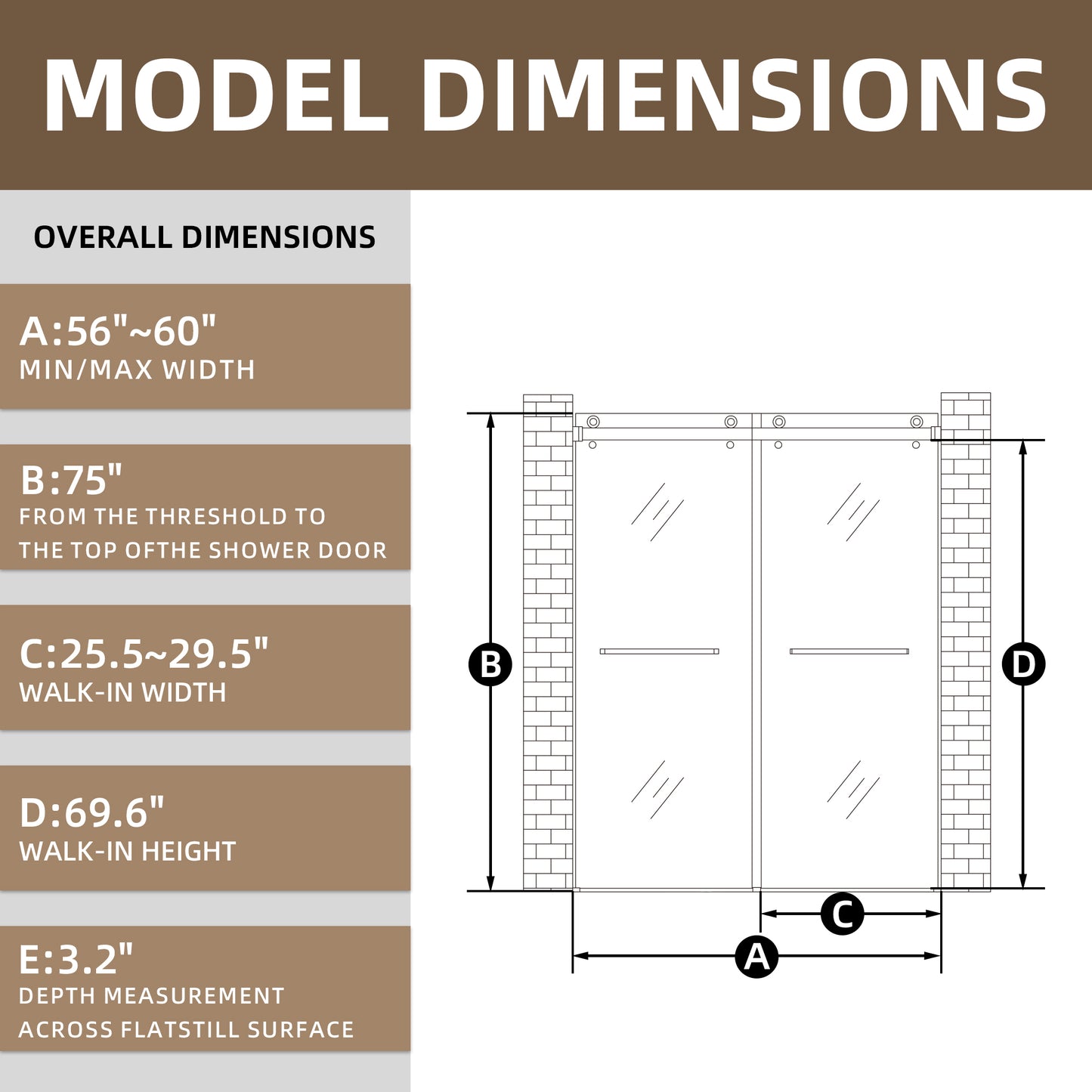 60" x 75" Frameless Double Sliding Shower Door with Tempered Glass Durable & Waterproof Perfect for Bathrooms