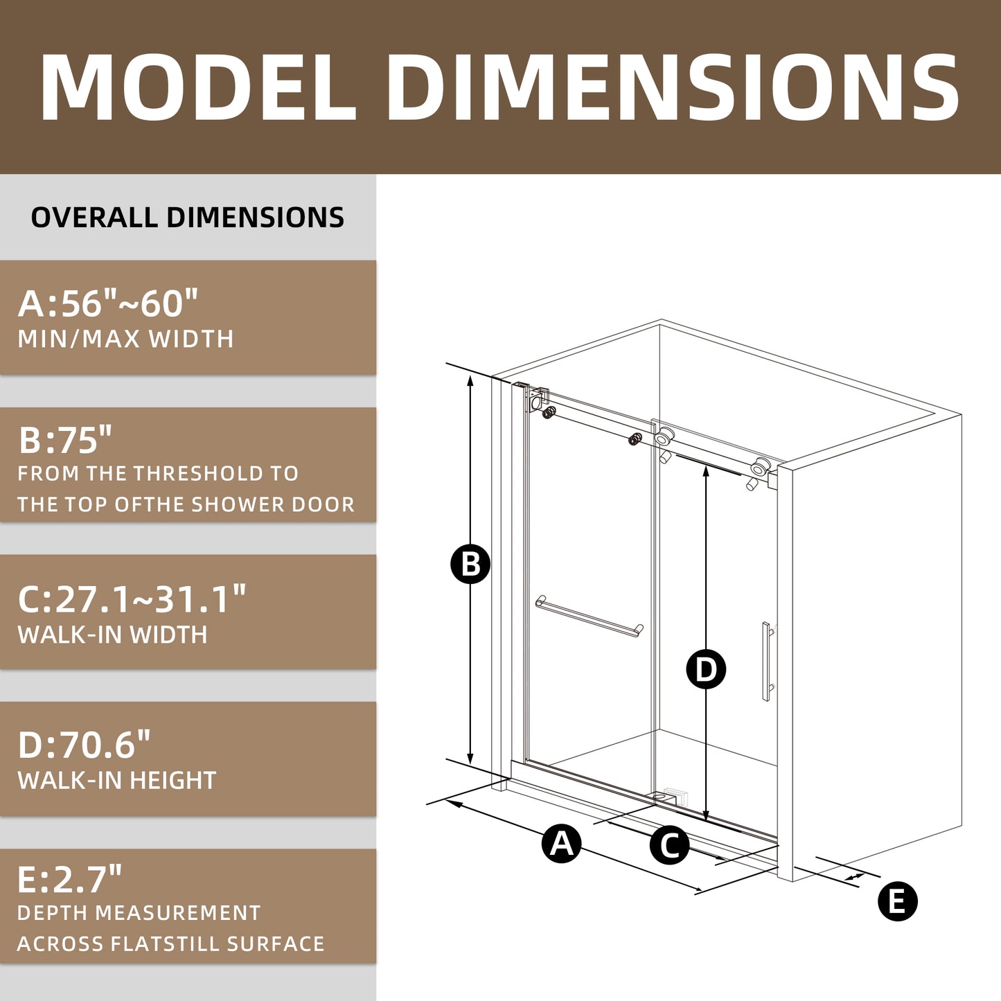 60" x 75" Semi-Framed Single Swing Shower Door with Tempered Glass Durable & Waterproof Perfect for Bathrooms