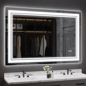 Woodsam LED Bathroom Mirror, Anti-Fog Memory Setting Bathroom Mirror with Lights, 3 Colors Dimmable Lighted Bathroom Mirror Wall Mounted, CRI 90+ Shatterproof Bathroom Mirror Led