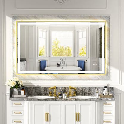 Gold Frame LED Lighted Bathroom Mirror 60"x36", Anti-Fog, Memory Function, 3 Colors Dimmable