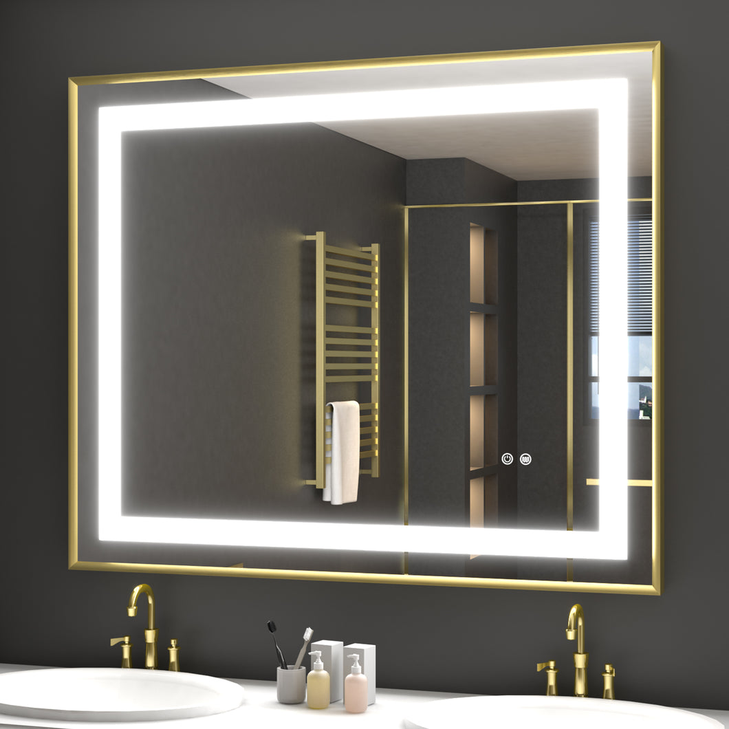 Woodsam LED Bathroom Mirror with Gold Frame, Front Lights Dimmable Wall Mounted Large LED Lighted Mirror, 3 Colors, Anti Fog, Memory Function, Shatterproof, Vertical and Horizontal
