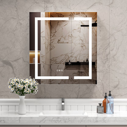 Lighted Mirror Medicine Cabinet 30"X32", Anti-Fog 3 Colors Dimmable LED, Built-in Outlets and USB Ports