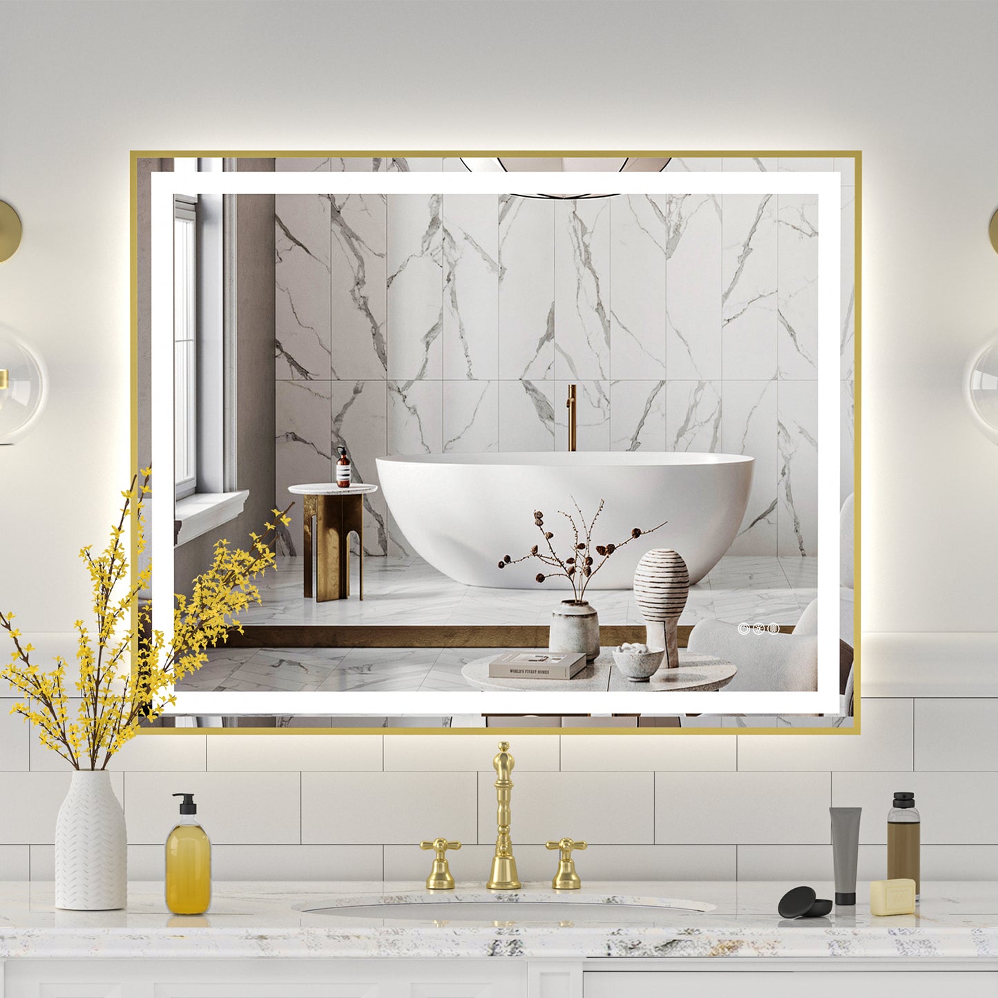 Gold Frame LED Lighted Bathroom Mirror 40"x32", Anti-Fog, Memory Function, 3 Colors Dimmable